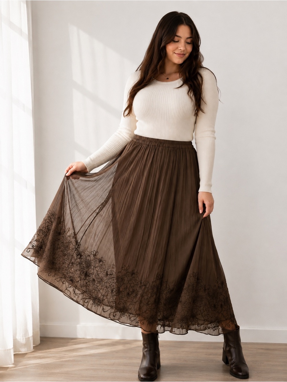 NWT Coldwater Creek Brown Pleated Mesh Skirt PXL Floral Embroidered Maxi Midi 18